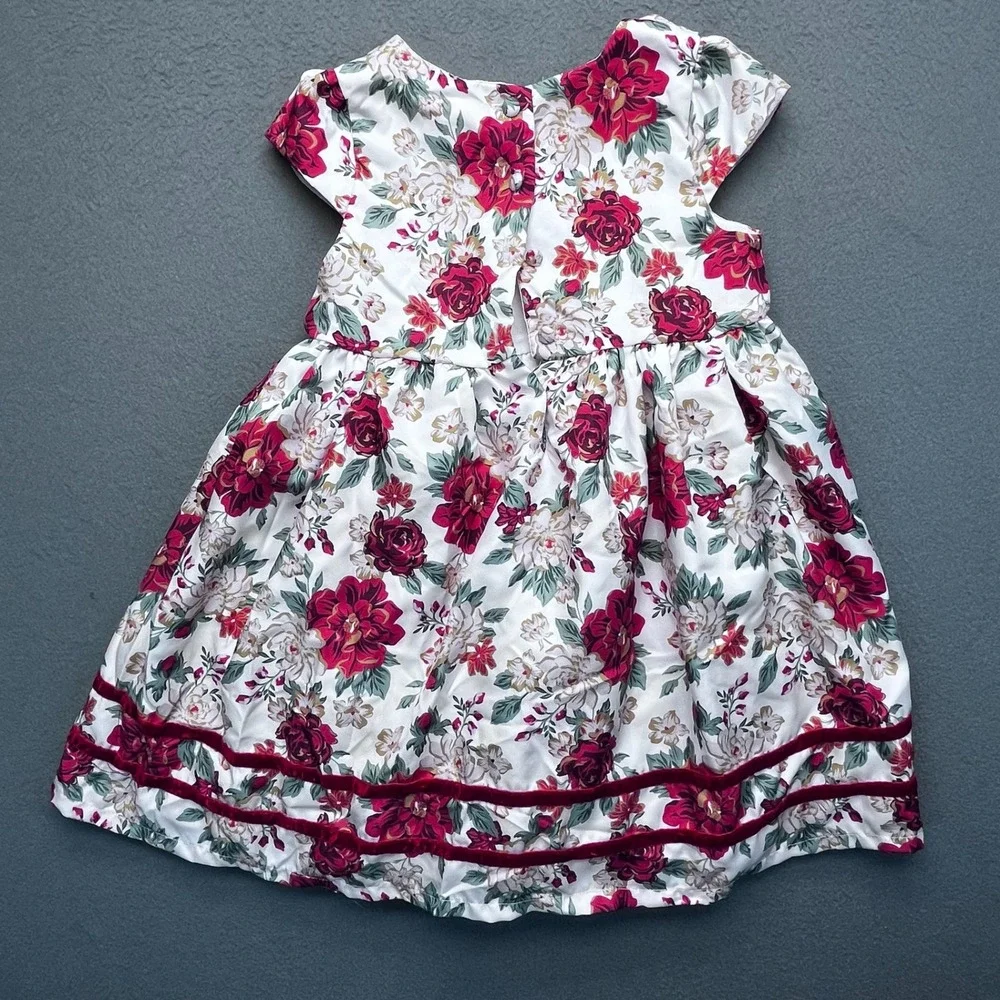 Catherine Malandrino Girls Floral Bubble Hem Dress Red‎ White Velvet Trim Size 4